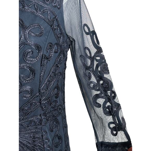 JS Collections NWT Women's Embroidered Midi Sheath Dress Size 2 Navy 3/4 Sleeves - Picture 4 of 10